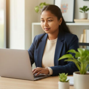 A girl searching top 5 Digital Marketing Strategy in her Laptop.